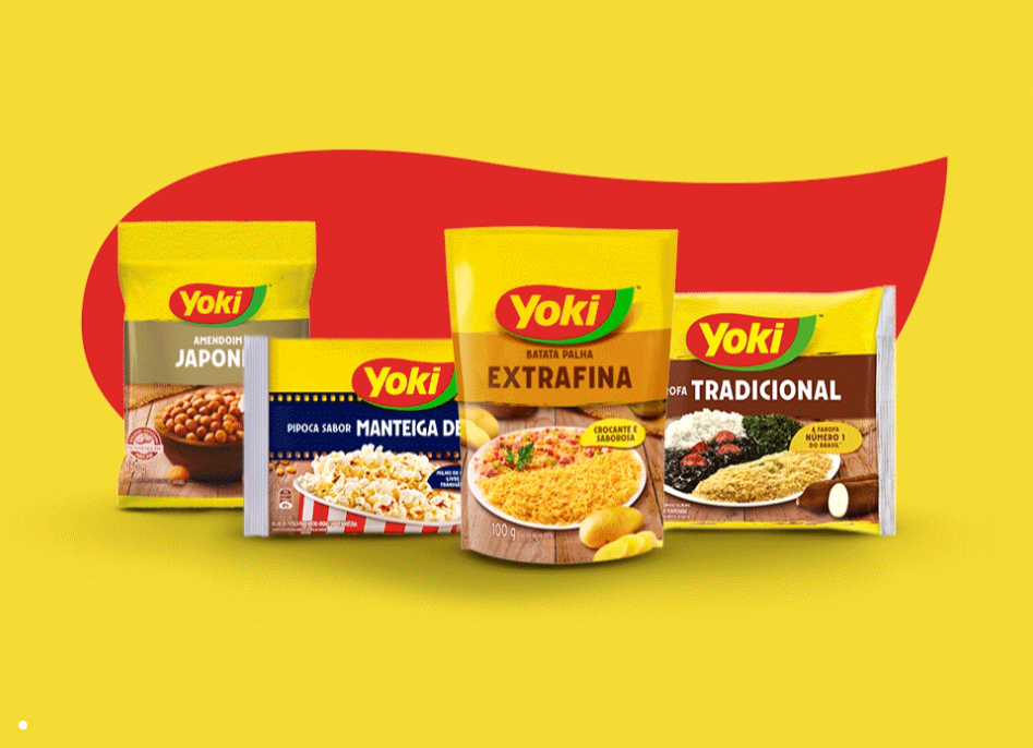 General Mills Brazil- Image showing Yoki brand products: Japanese-style peanuts, cinema butter popcorn, and two types of seasoned cassava flour mixture (farofa) - one extra fine and the other traditional. Background is yellow with a Yoki Logo.